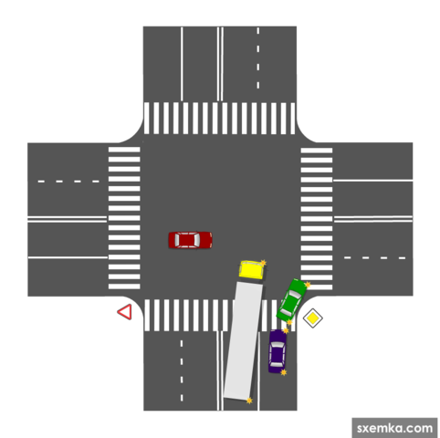 Грузовик поворачивает направо по главной, слева по второстепенной едет машина