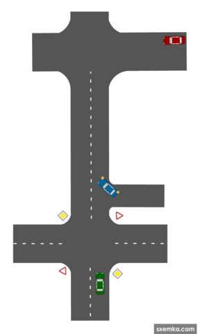 Зелёный проезжает перекрёсток по главной, далее синий выезжает с прилегающей территории, потом они должны уступить красному на равнозначном перекрёстке справа